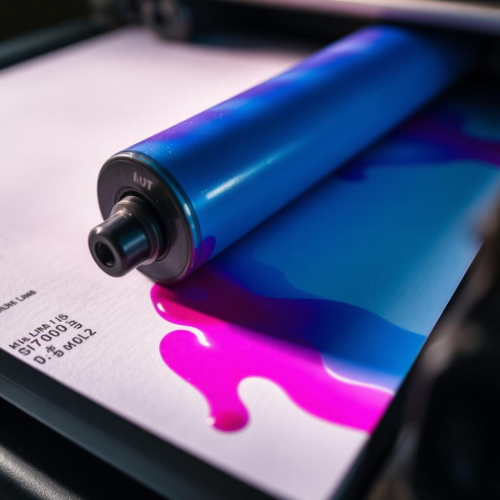 Press roller depositing vivid ink on paper